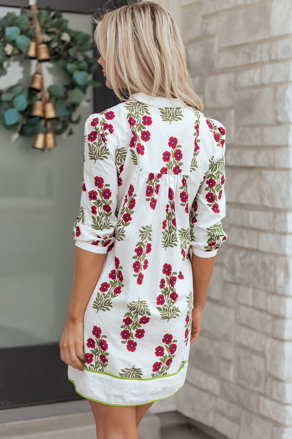 Frilled V Neck 3/4 Sleeve Loose Floral Dress