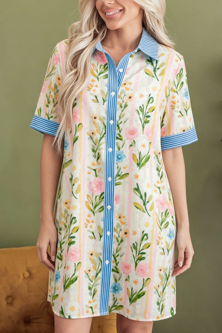 Chic Multicolour Floral Print Striped Trim Button Down Shift Dress
