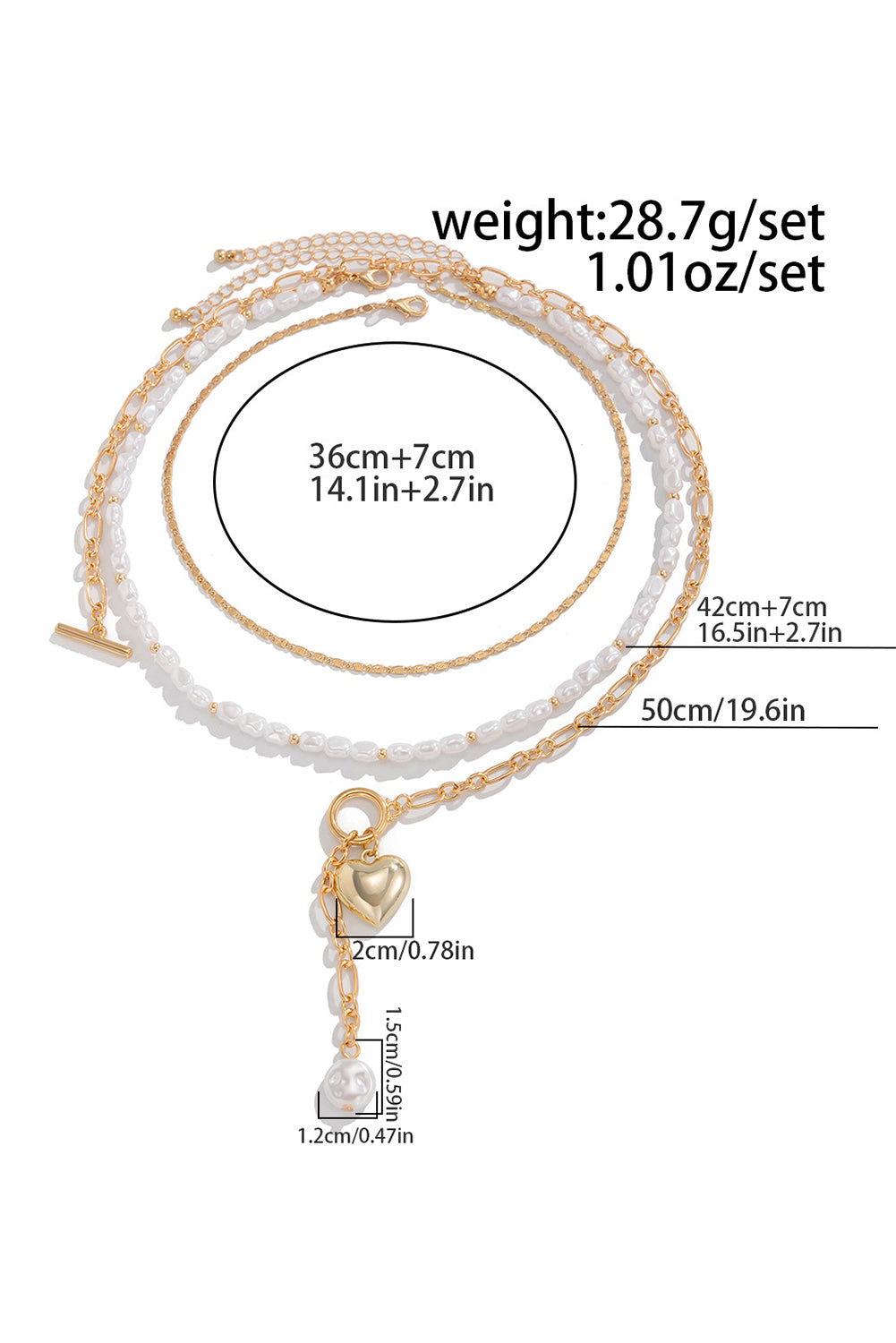 Plated Heart Charm Pearl Chain Layered Necklace