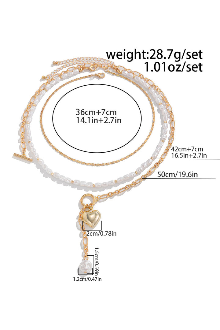 Plated Heart Charm Pearl Chain Layered Necklace