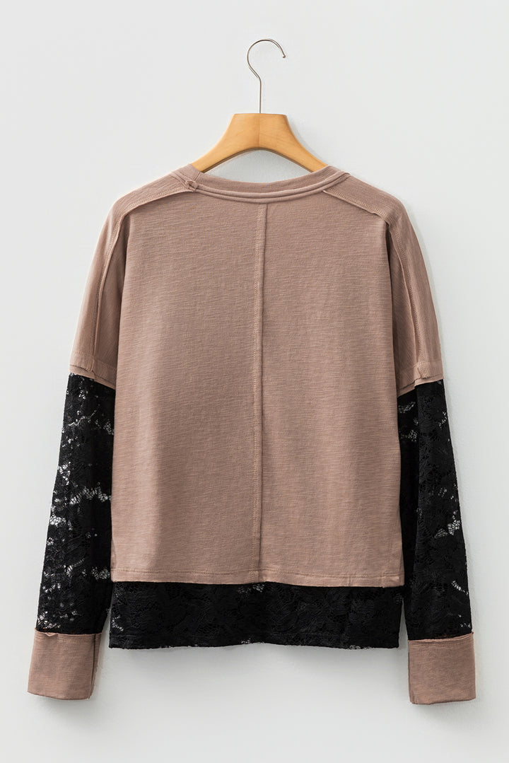 Sheer Lace Patchwork Casual Long Sleeve Tee