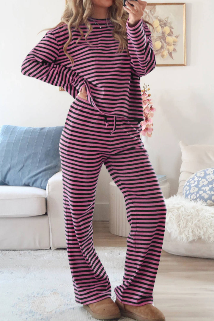 Pink Stripe Casual Long Sleeve Top Drawstring Pant Set