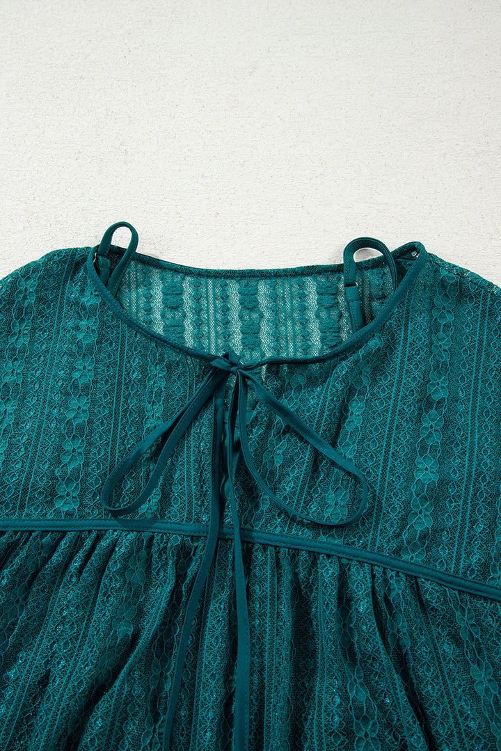 Evergreen Sheer Lace Balloon Sleeve Babydoll Blouse