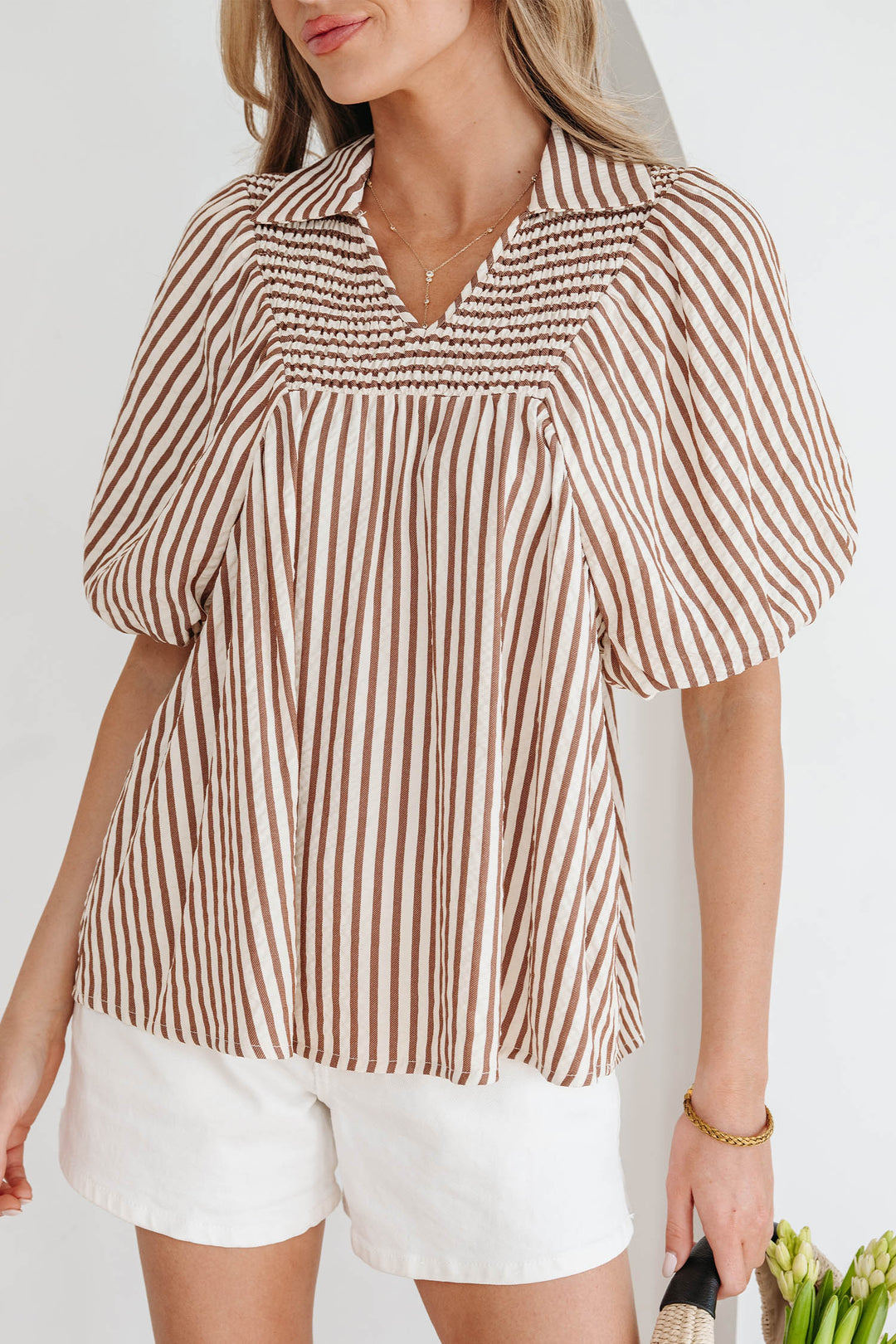 Shirred V Neck Short Puff Sleeve Blouse