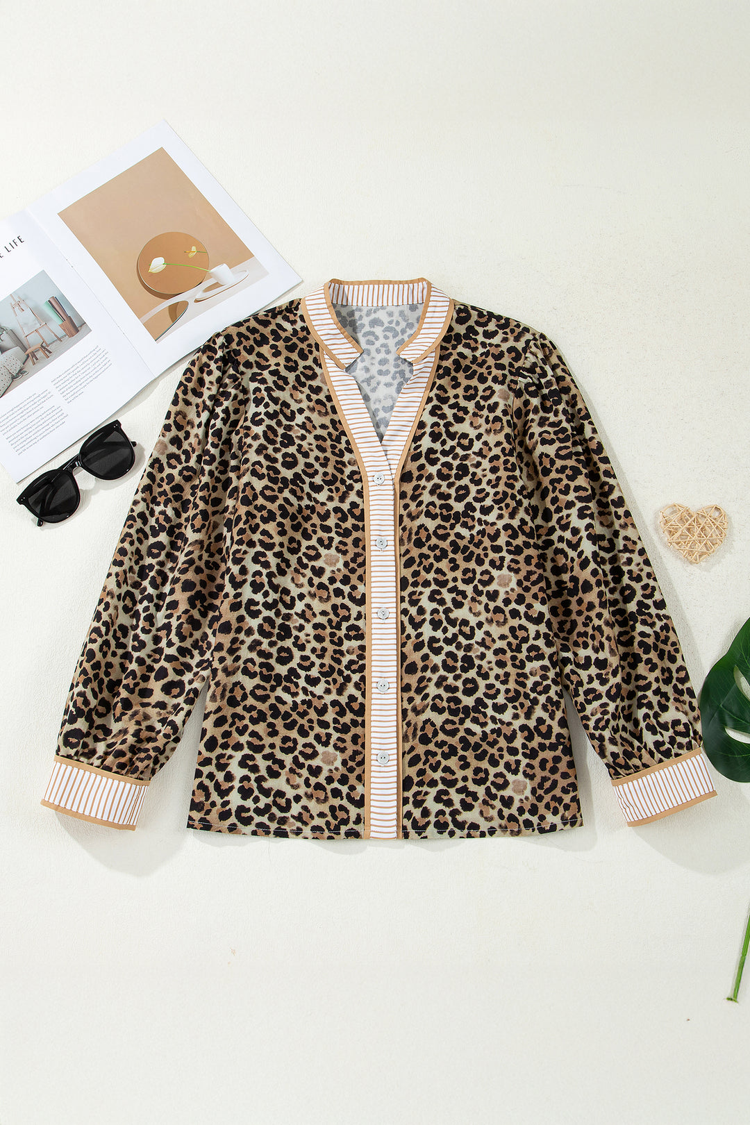 Contrast Striped Trim V Neck Leopard Shirt