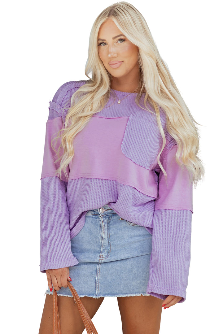 Phalaenopsis Thermal Knit Contrast Textured Patchwork Long Sleeve Top