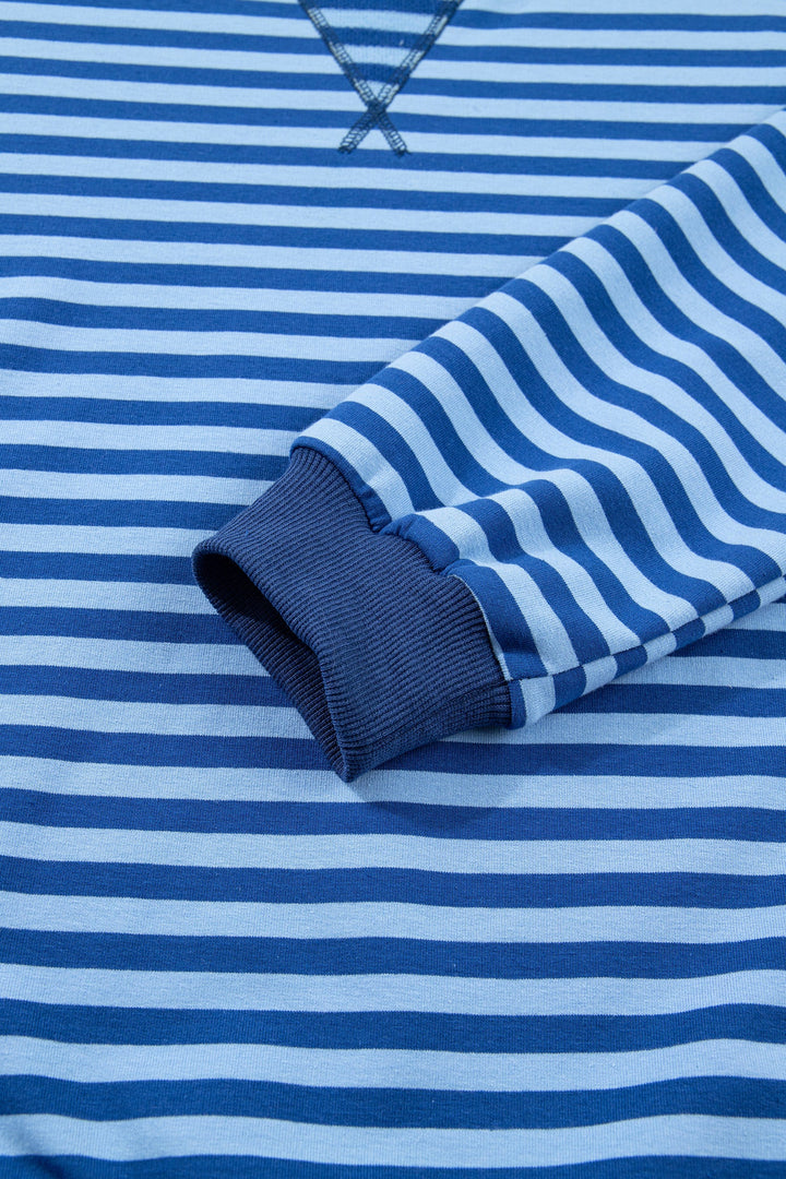 Blue Stripe Drop Shoulder Long Sleeve Pullover Elastic Waist Casual Short Set