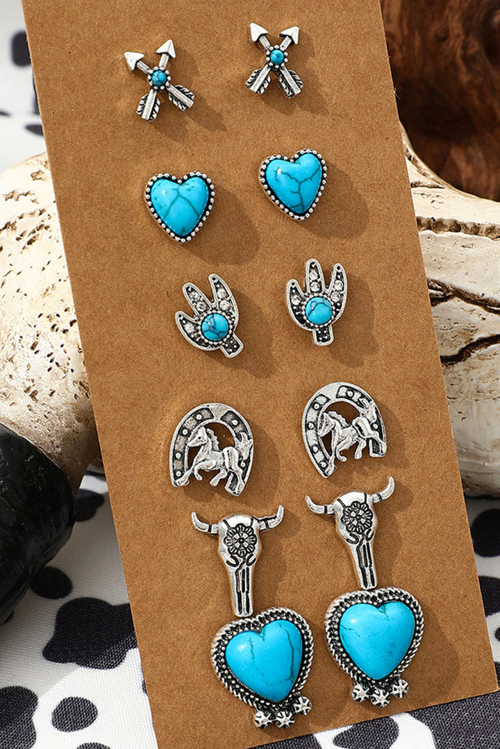 6 paires de boucles d'oreilles à tige en alliage turquoise occidentale