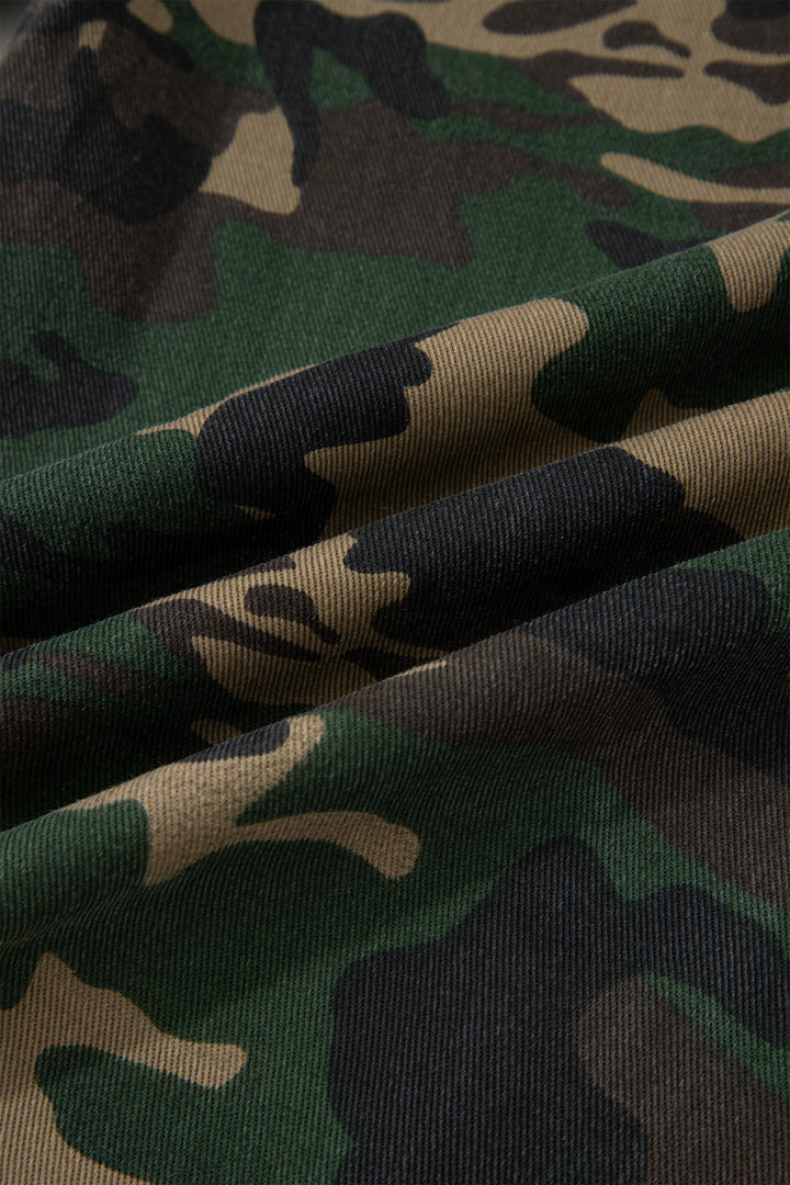 Green Camouflage Print Drawstring Patch Pocket Barrel Jeans