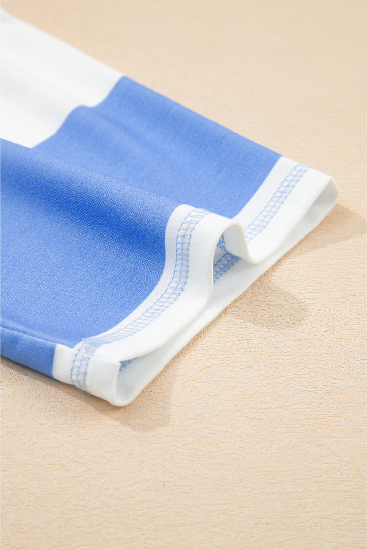 Sky Blue Stripe Half Zipper Placket Bracelet Sleeve Top Casual Shorts Set