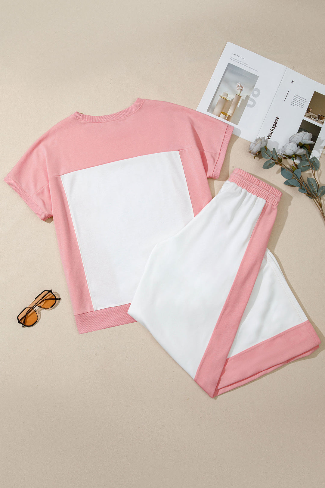 White Two-tone Color Block Patchwork Tee Drawstring Loose Pant Set