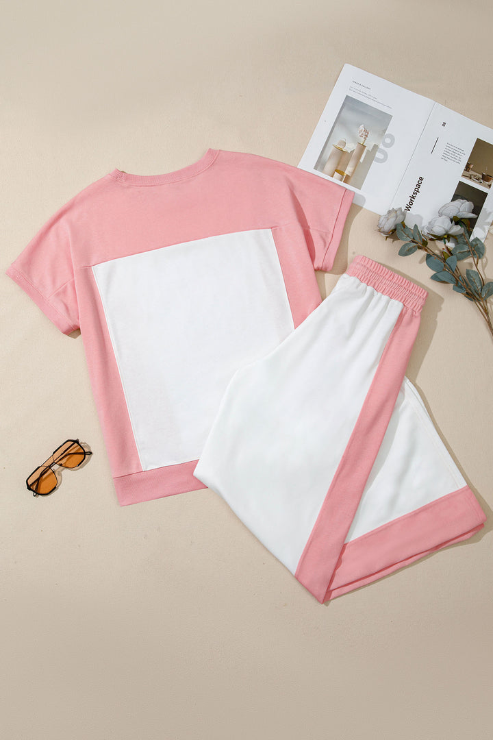 White Two-tone Color Block Patchwork Tee Drawstring Loose Pant Set