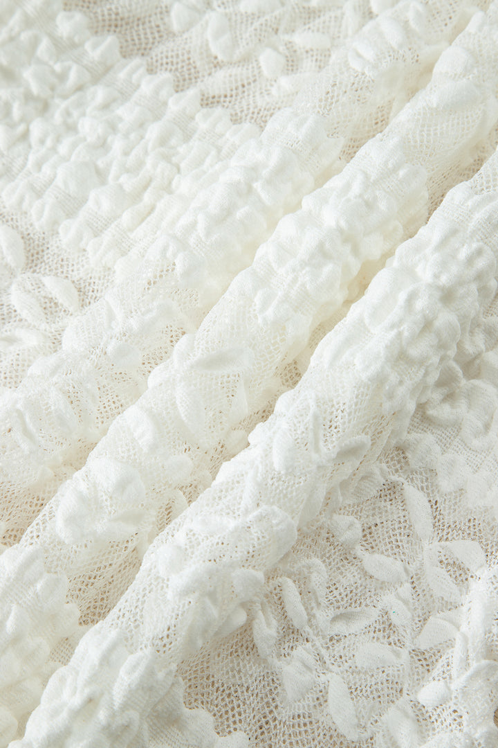 White Sheer Lace Textured Patchwork Short Sleeve Top