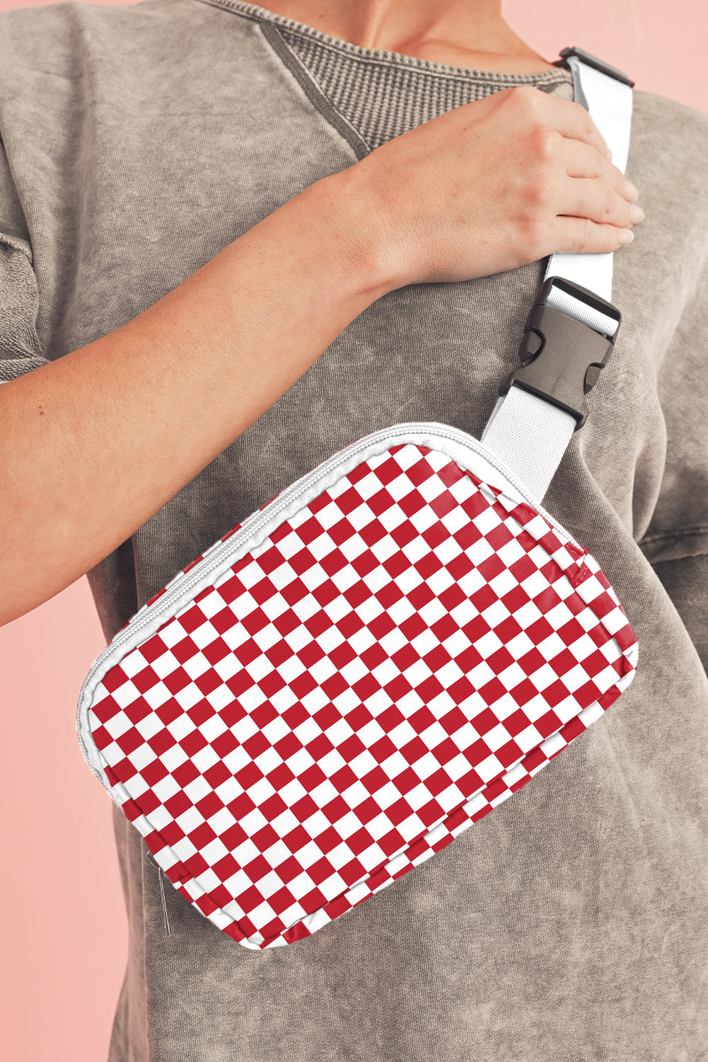 Checkered Print Zipped Buckle Strap Crossbody Bag