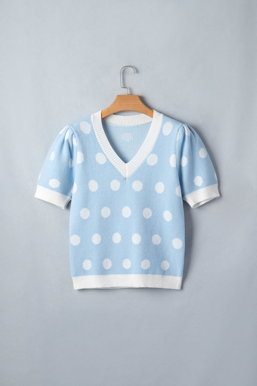 Light Blue Polka Dot Puff Short Sleeve Sweater Top
