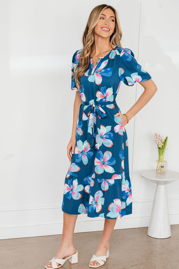 Floral Print Short Puff Sleeve Ruffle Hem Belted Long Dress