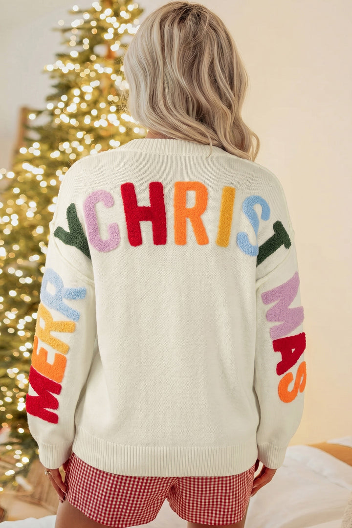 White Ho Ho Ho Slogan Button Front Embroidered Knit Cardigan