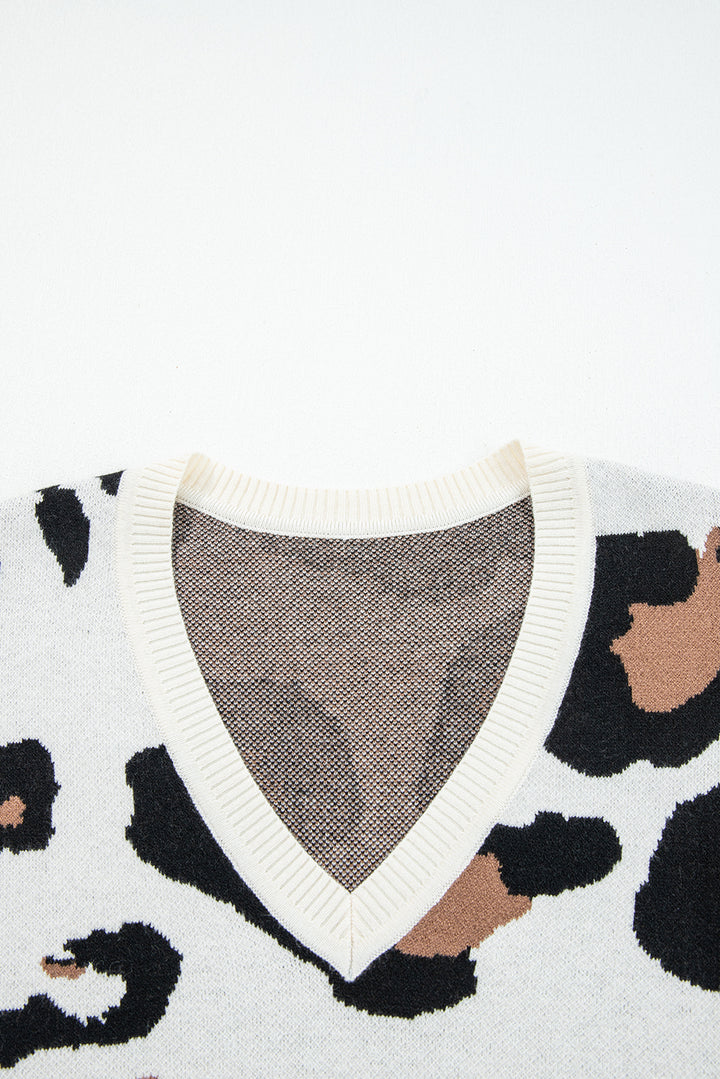 Leopard Print Color Block Patchwork Sleeve V Neck Sweater