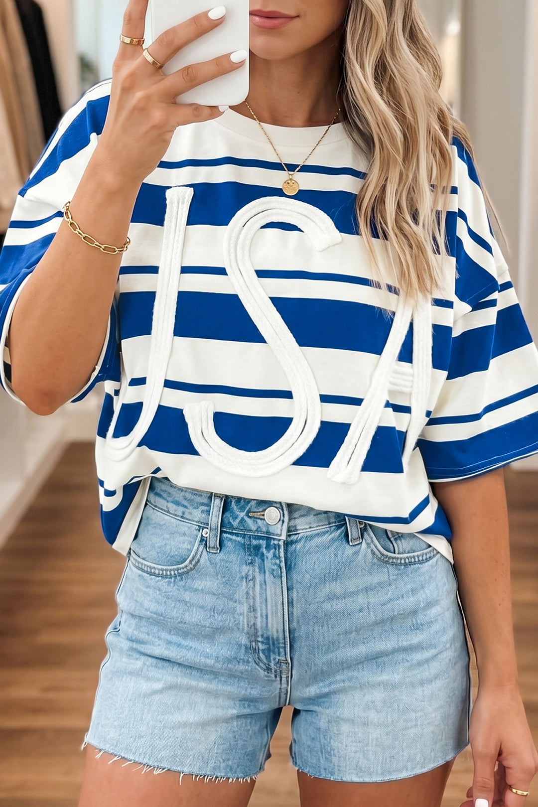 Blue Stripe USA Graphic Half Sleeve Loose T Shirt