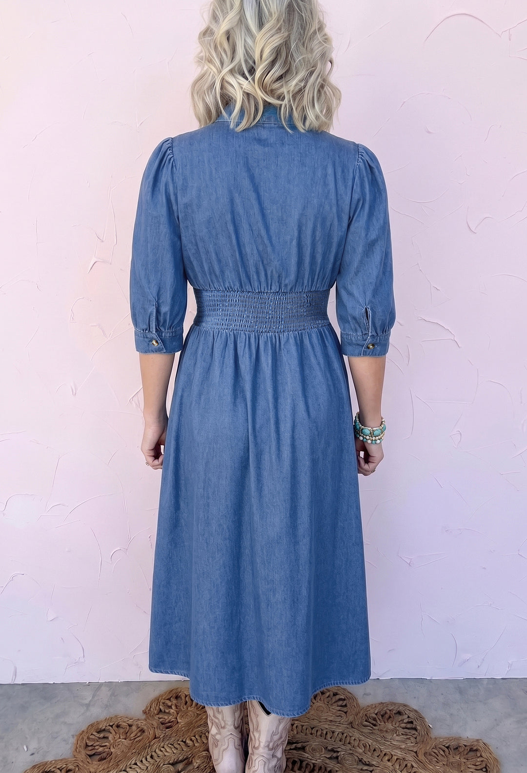 Blue V Neck Shirred Waist Metal Zipper Denim Midi Dress