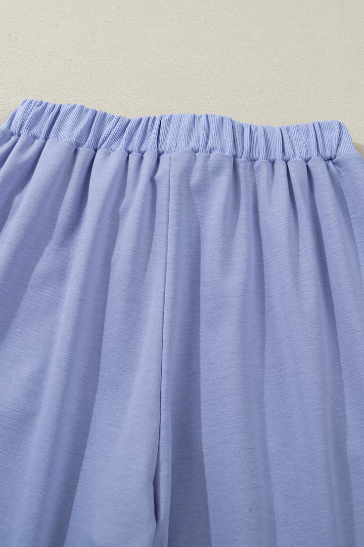 Beau Blue Flounce Long Sleeve Top Drawstring Pants Contrast Velvet Bow Knot 2pcs Lounge Set