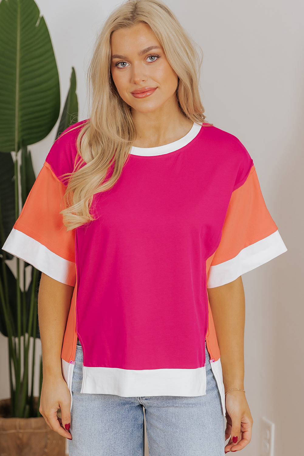 Color Block Patchwork Side Slits Loose Fit T Shirt