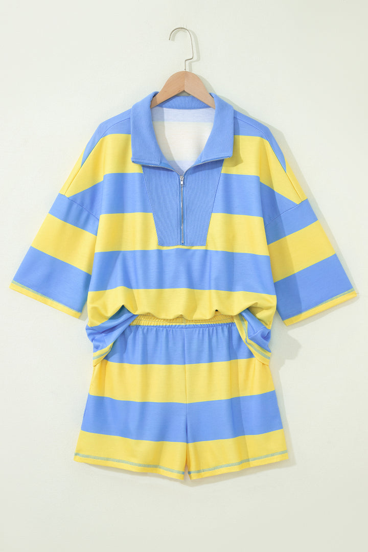 Yellow Stripe Half Zipper Placket Bracelet Sleeve Top Casual Shorts Set