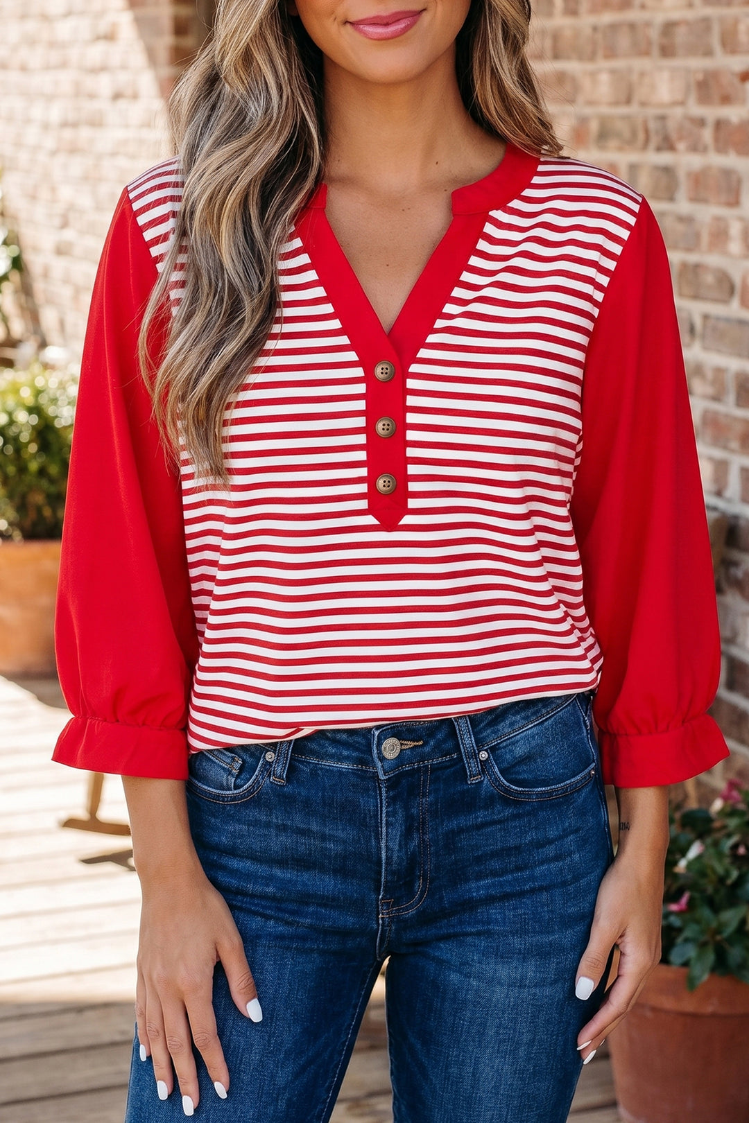 Red Stripe Half Placket V Neck Contrast 3/4 Sleeve Patchwork Top