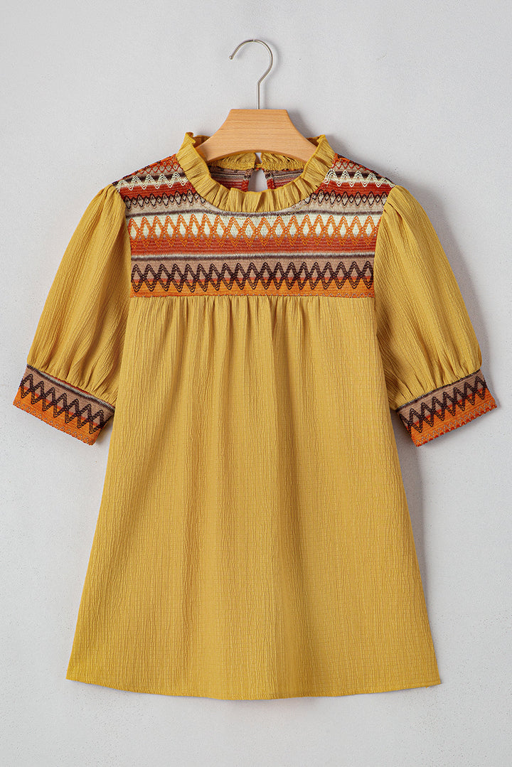 Geometric Short Puff Sleeve Frilled Collar Blouse