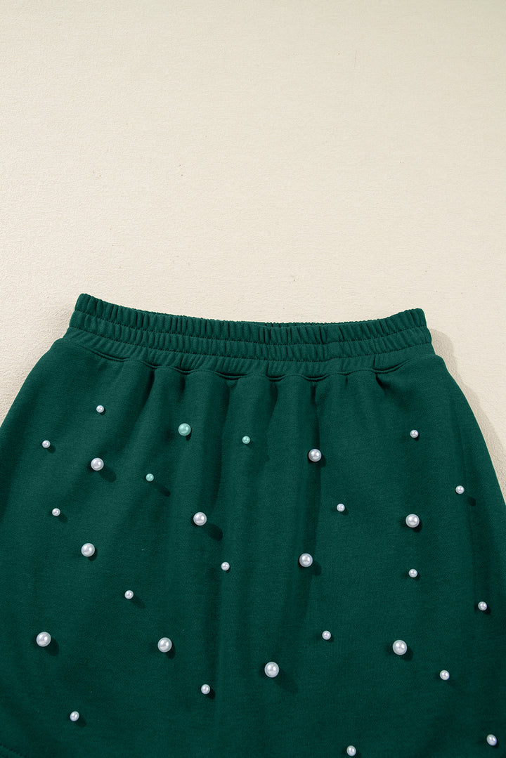 Dark Green Pearl Embellished Pullover Elastic Waist Mini Skirt Set