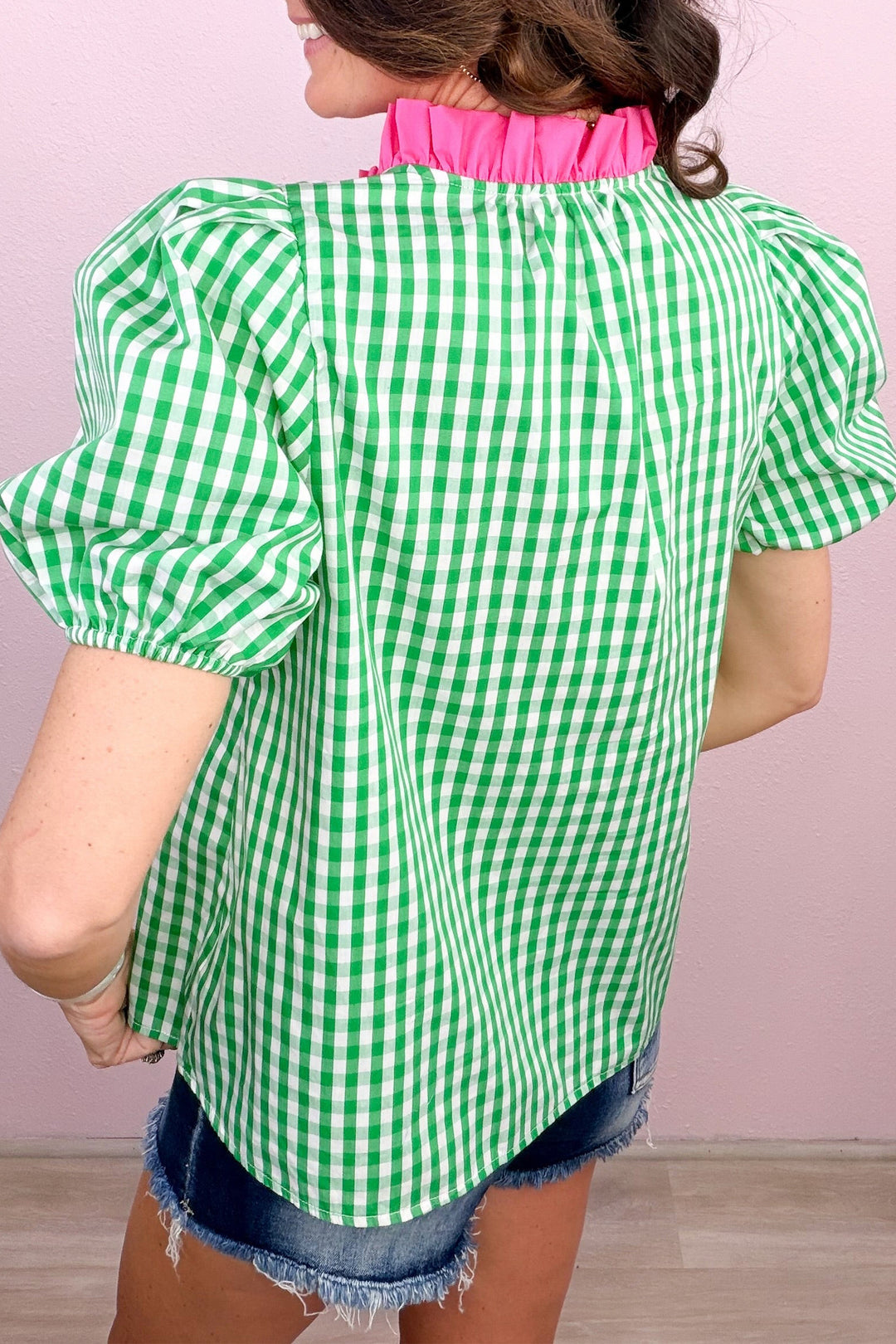 Green Gingham Plaid Bubble Sleeve V Neck Blouse