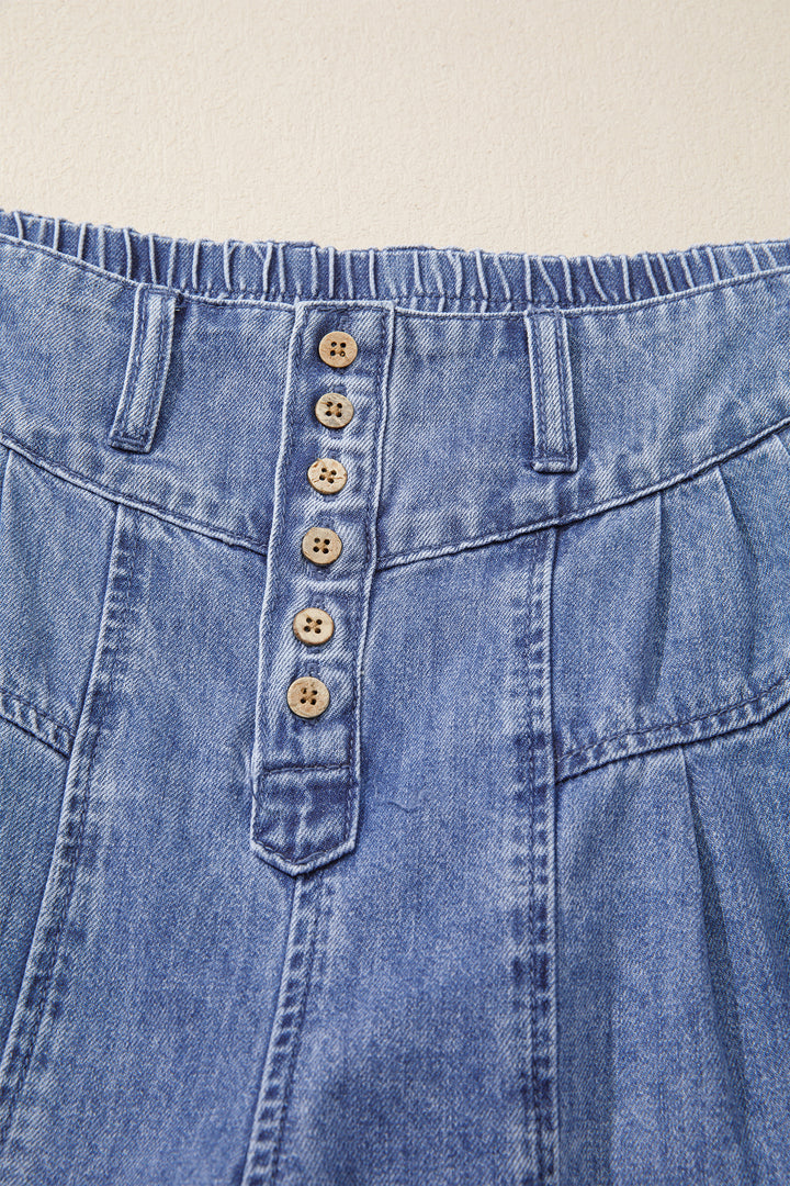 Dusk Blue High Rise Buttons Pleated Cropped Wide Leg Denim Pants