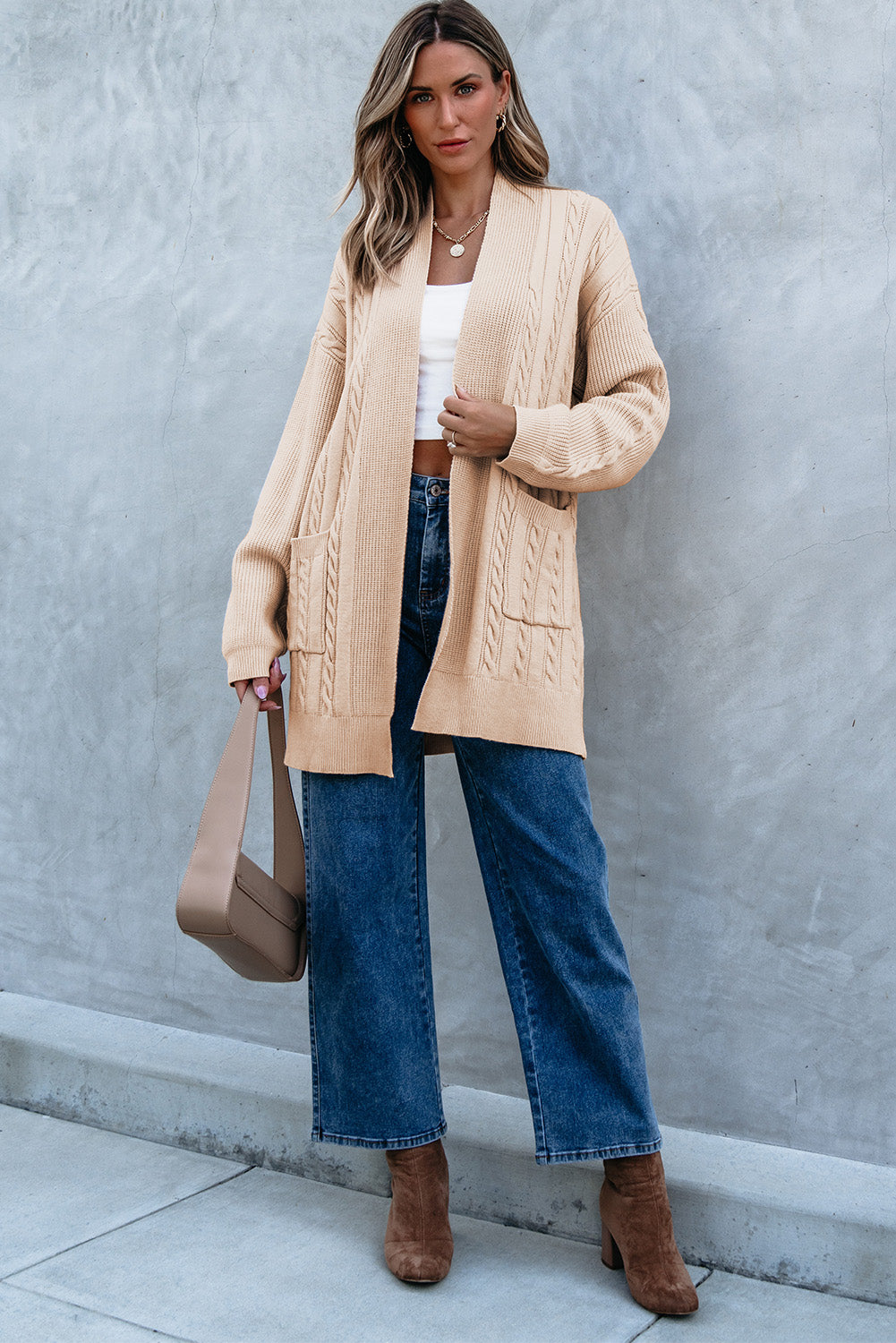 Oversize Chunky Cable Knit Open Front Midi-length Cardigan