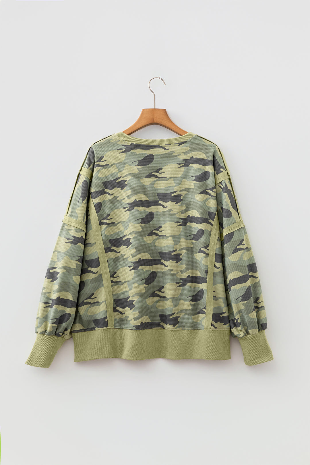Green Camouflage Waffle Knit Raw Edge Contrast Trim Oversized Long Sleeve Top