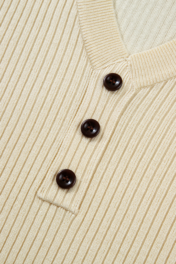 Apricot V Neck Ribbed Knit Striped Trim Short Sleeve Sweater