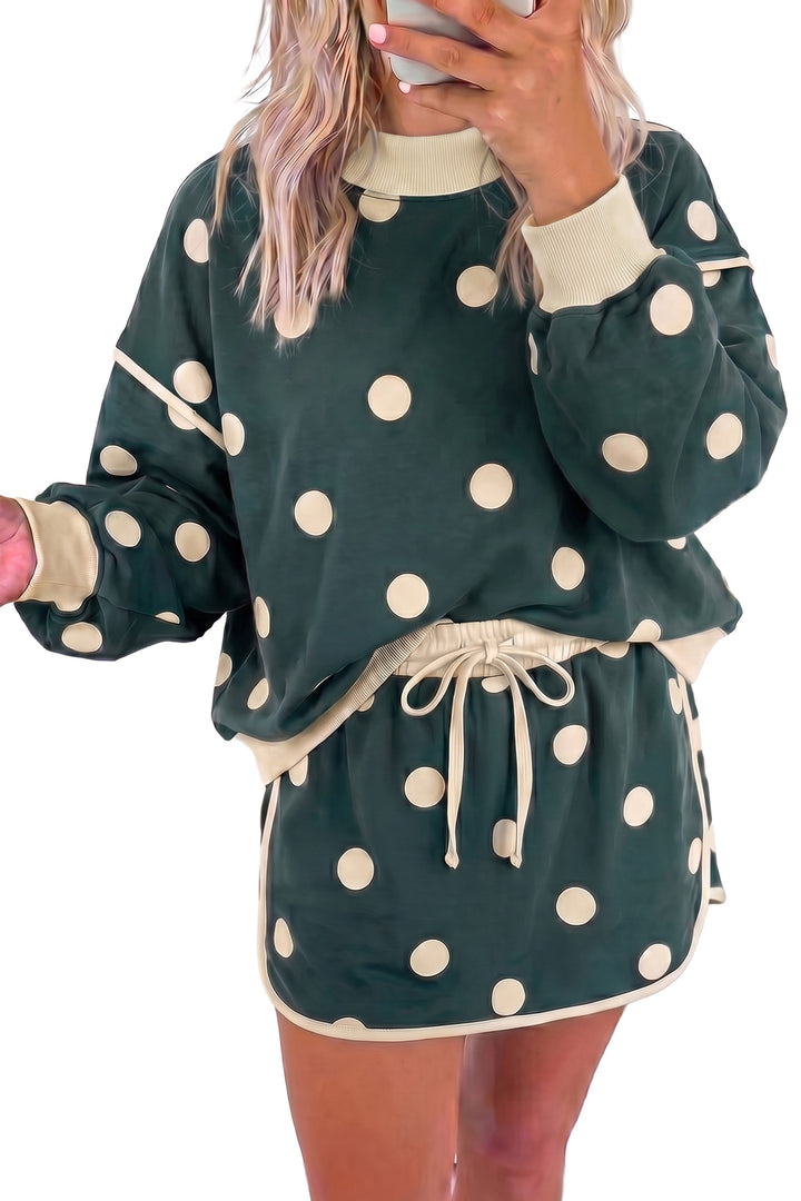 Green Polka Dot Print Trim Baggy Pullover Drawstring Skirt 2pcs Set