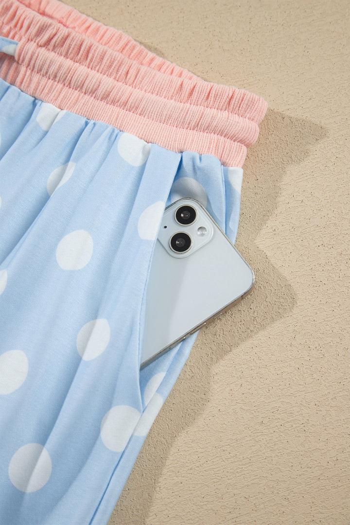 Sky Blue Polka Dot Contrast Trim Long Sleeve Top Drawstring Shift Pants Set