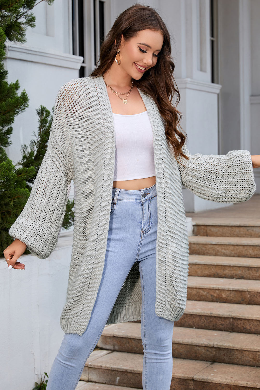 Gray Chunky Oversize Knit Drop Shoulder Puff Sleeve Cardigan