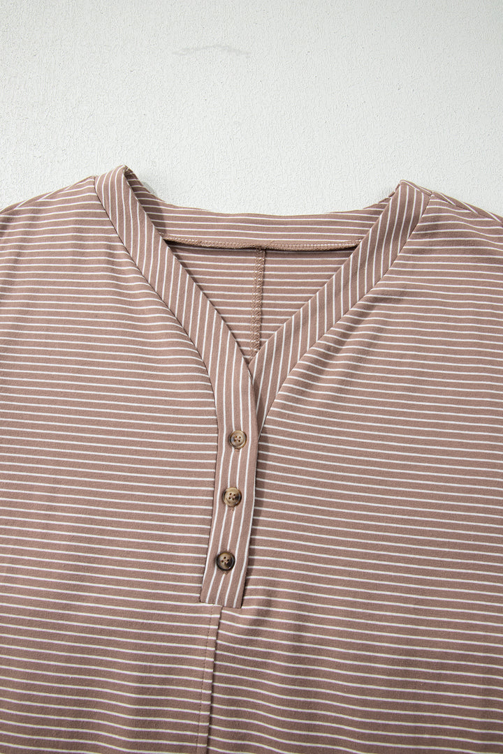 Buttoned V Neck High Low Side Slit T Shirt