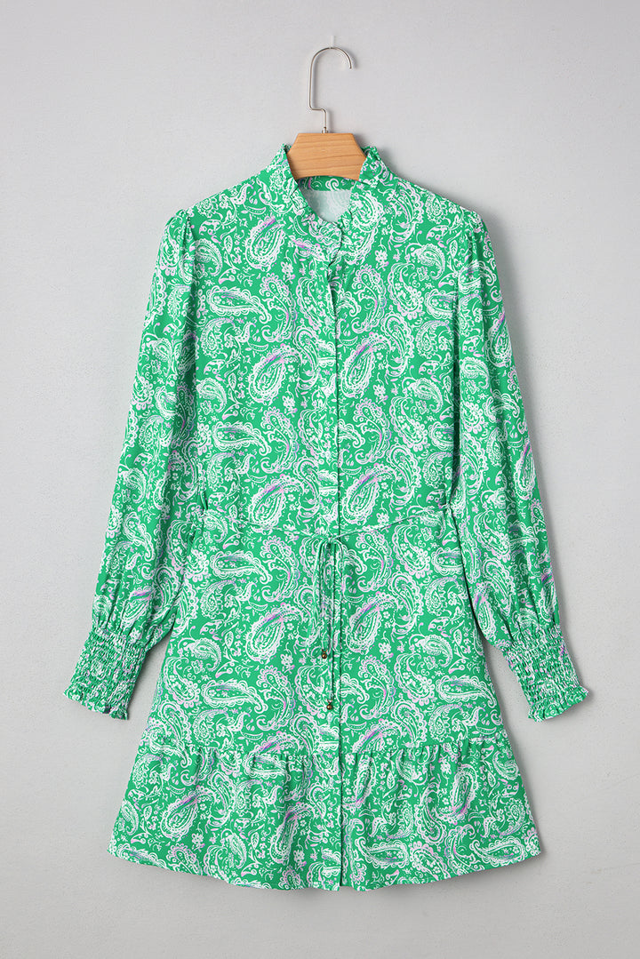 Paisley Print Long Sleeve Button Front Tied Waist Mini Dress