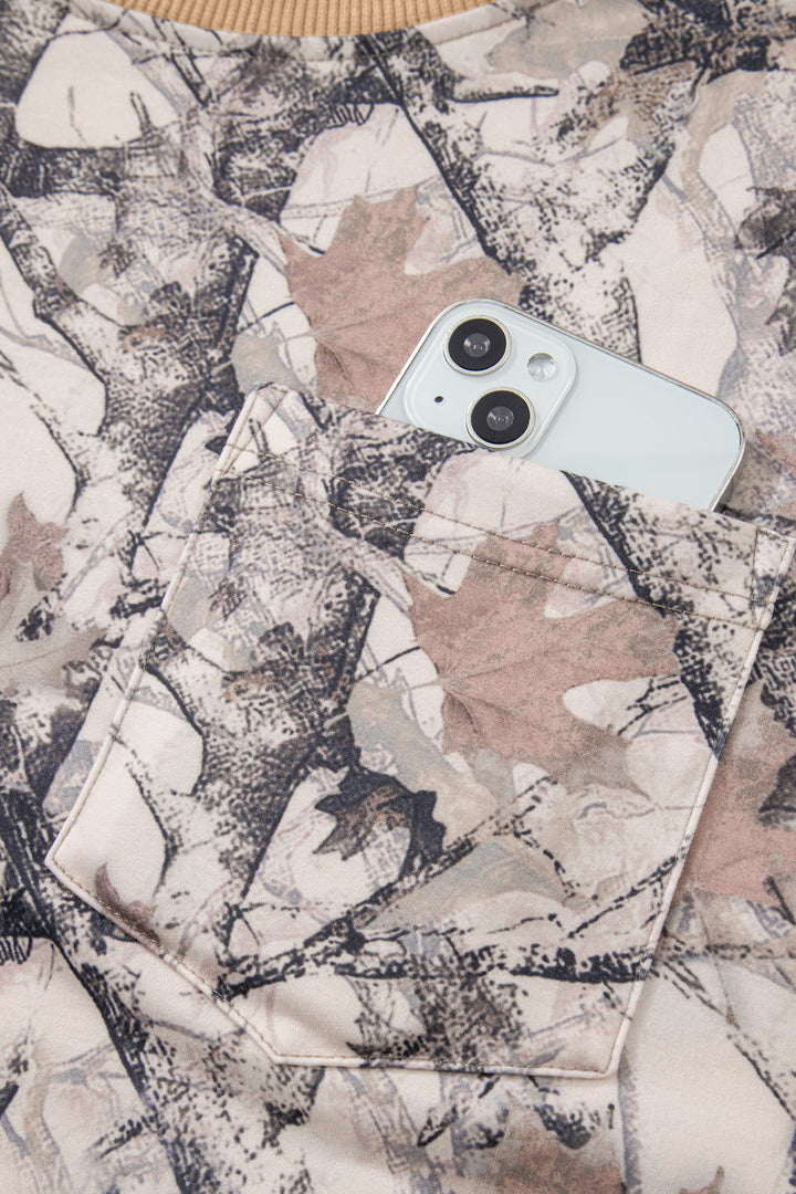 Khaki Woodland Camo Print Long Sleeve Top Casual Short Set