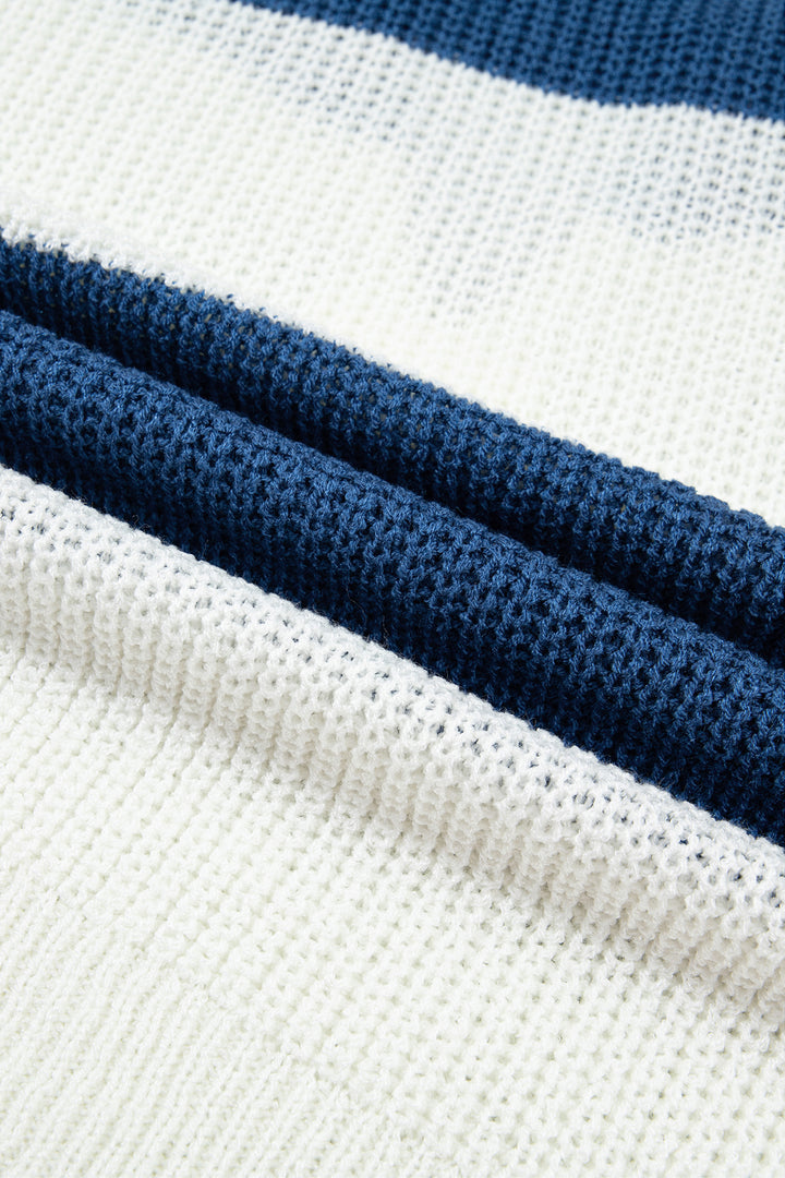 Blue Stripe Striped Colorblock Knit V Neck Short Sleeve Loose Sweater