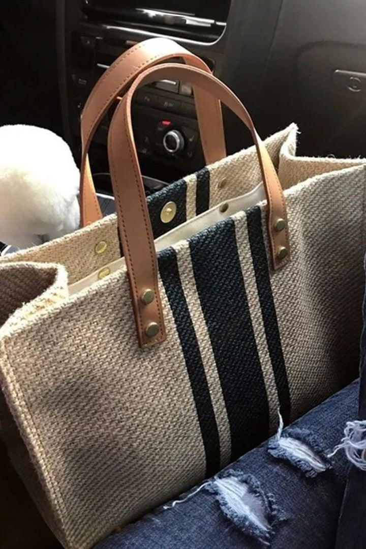 Striped Print Contrast PU Leather Handle Patchwork Shoulder Bag