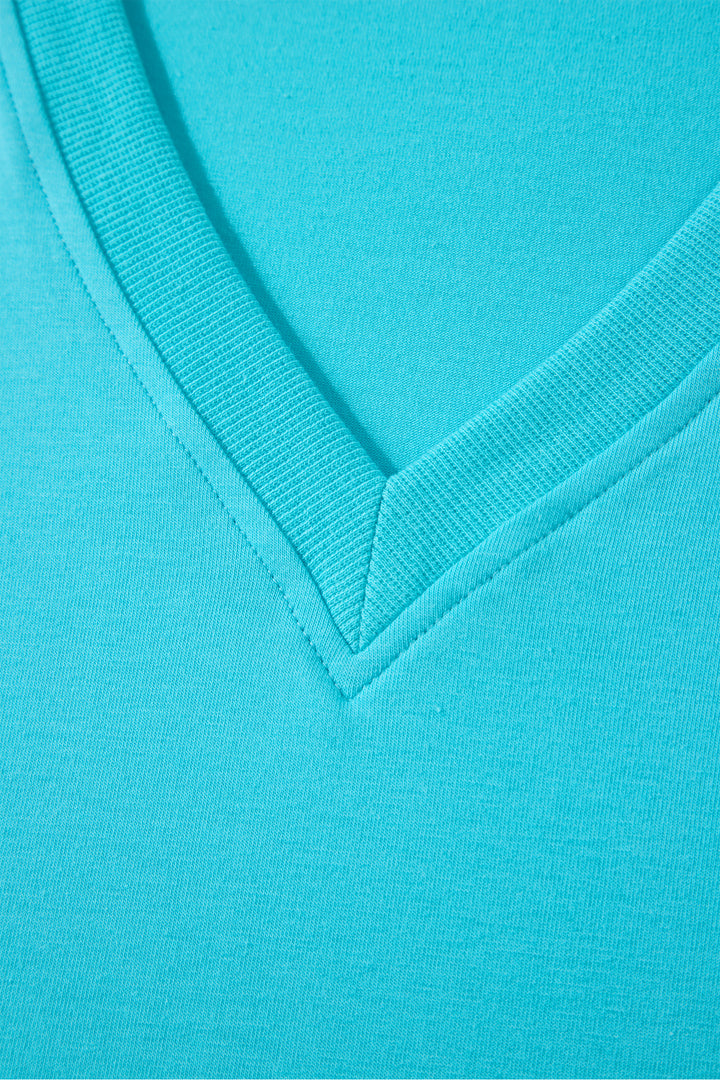 Turquoise Solid Color V Neck Short Puff Sleeve Blouse