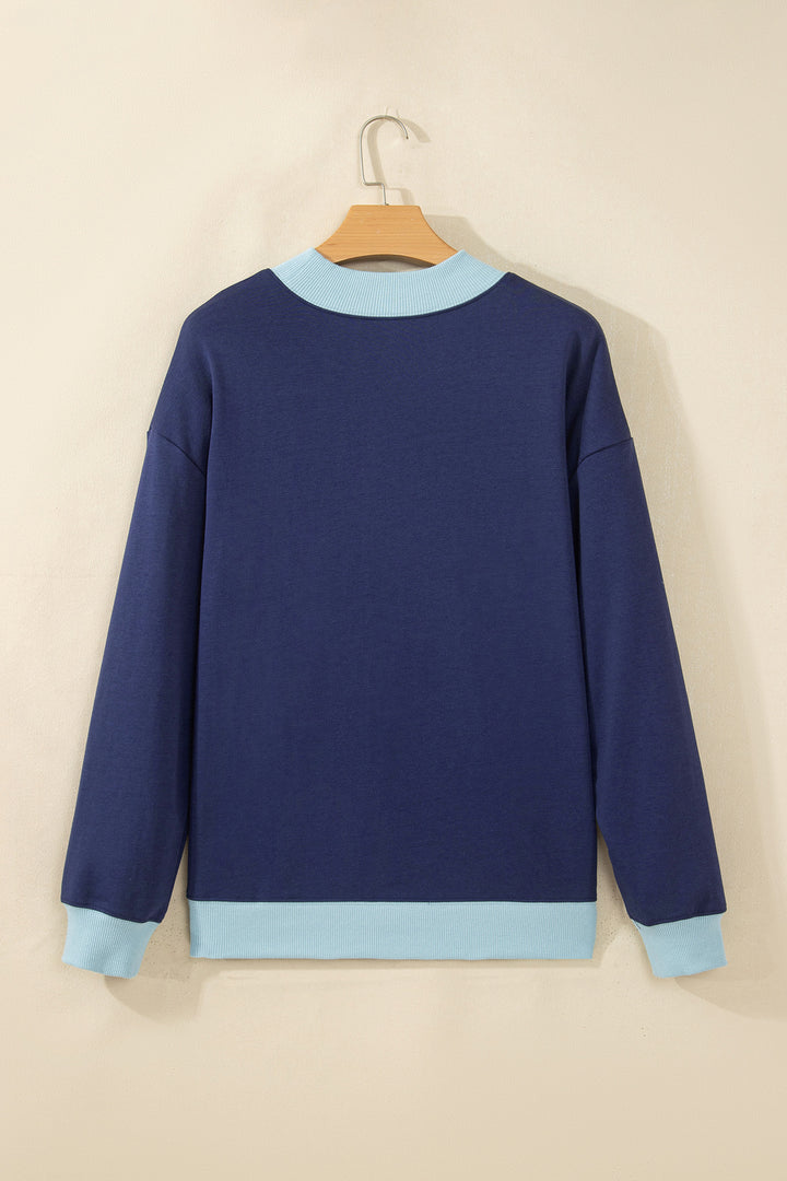 Dirty blue Colorblock Trim Crewneck Long Sleeve Pullover Sweatshirt