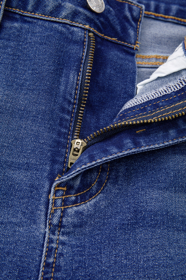Dark Blue Whiskered Wash Raw Hem Cropped Jeans