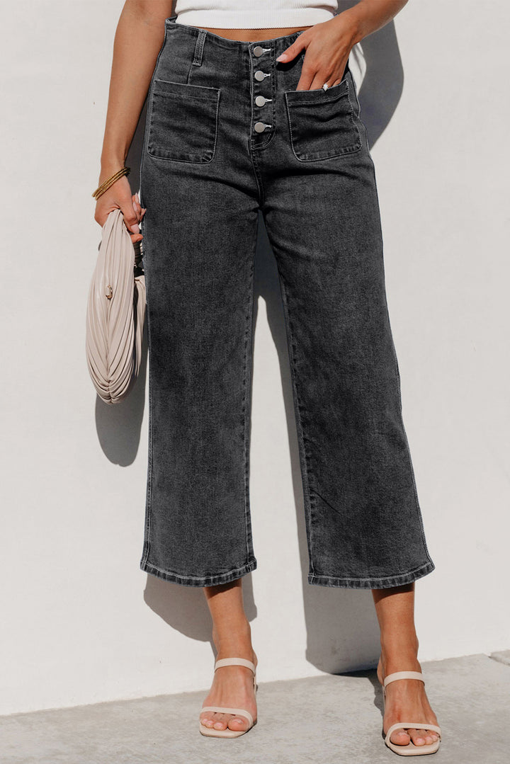 Gray High Waist Button Front Wide Leg Cropped Jeans