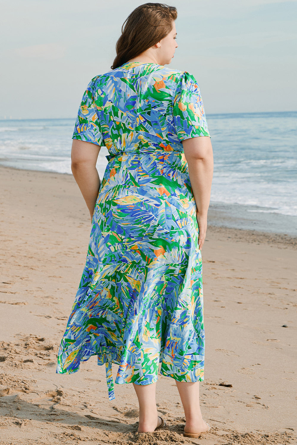 Leaves Print Short Sleeve Surplice Neck Ruffled Trim Plus Size Maxi Dress
