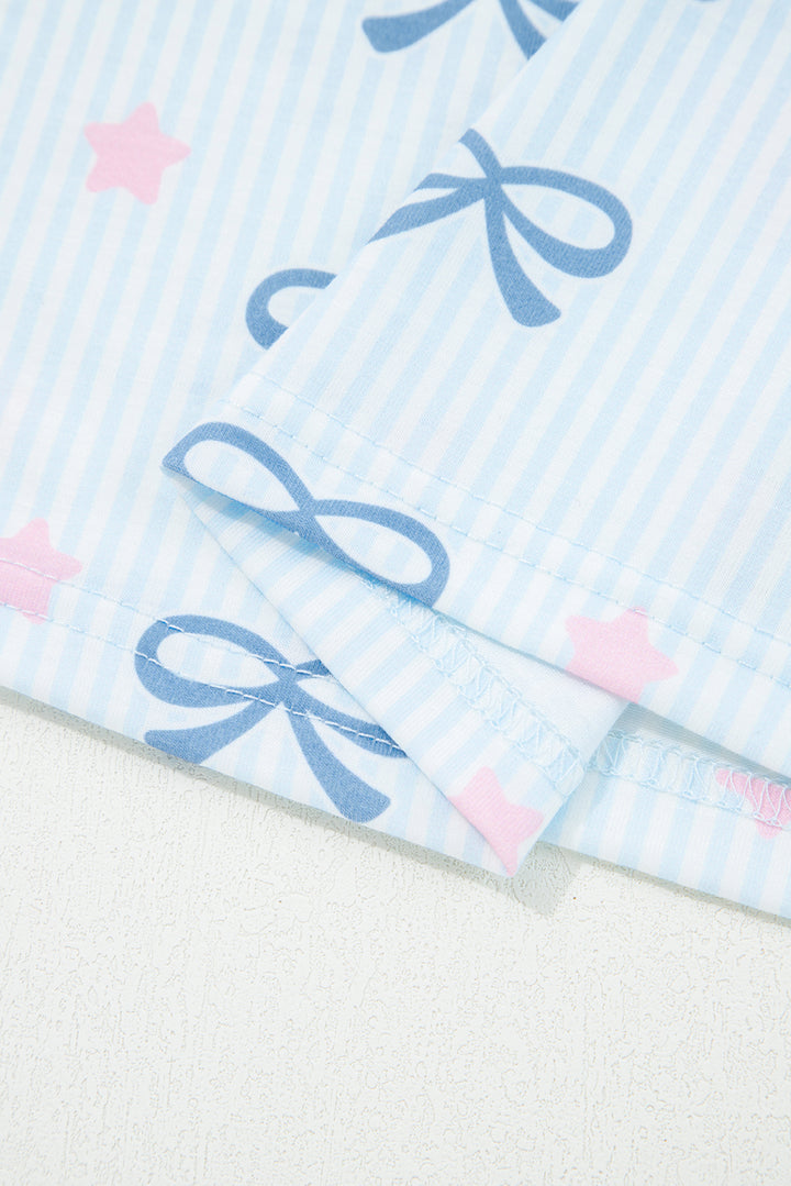 Sky Blue Stripe Bow Star Print Tied Detail 2pcs Lounge Set