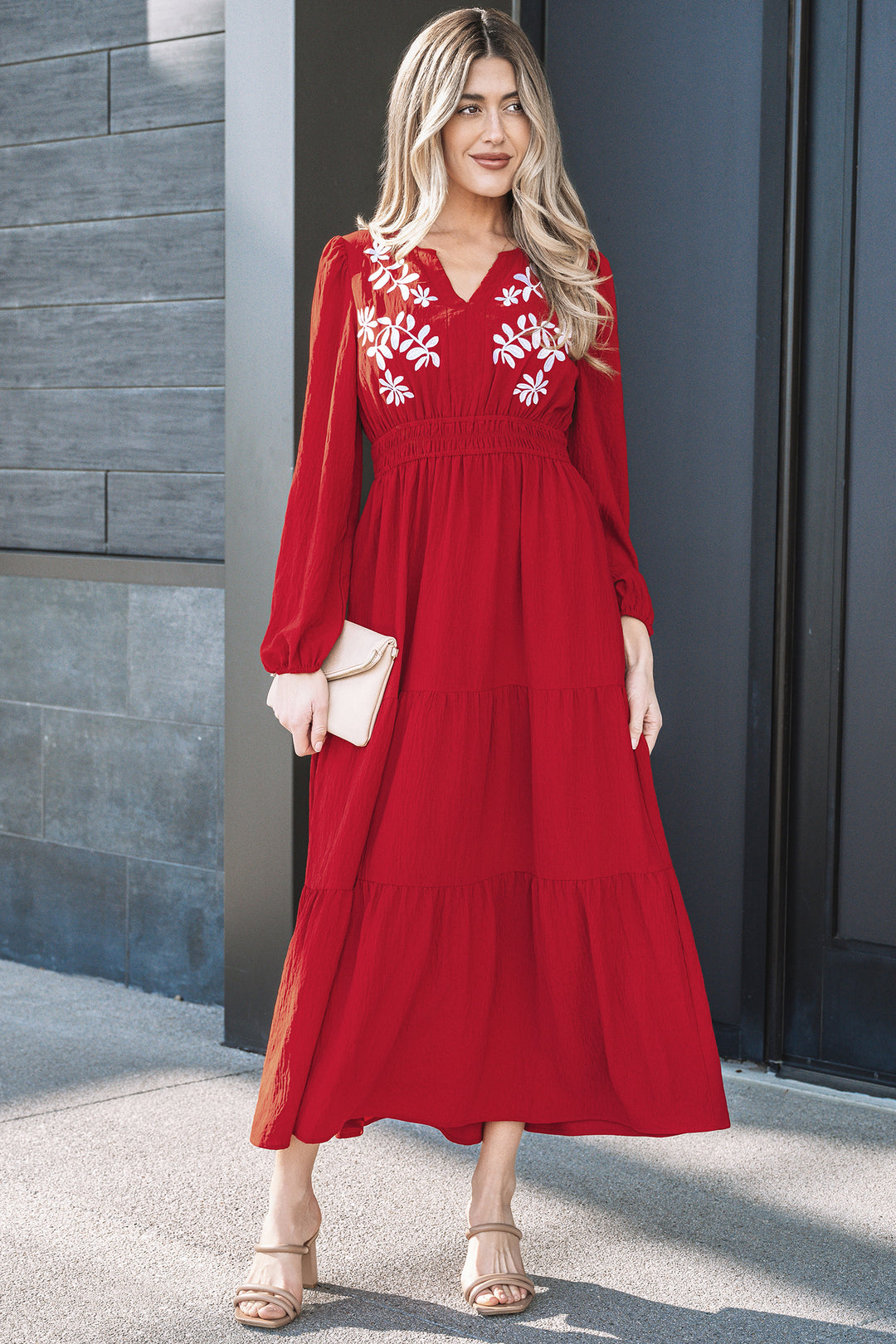 Contrast Embroidered Detail Cinched Waist Tiered Long Sleeve Maxi Dress